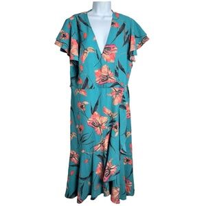A New Day Teal Floral Faux Wrap Midi Dress Size XXL
